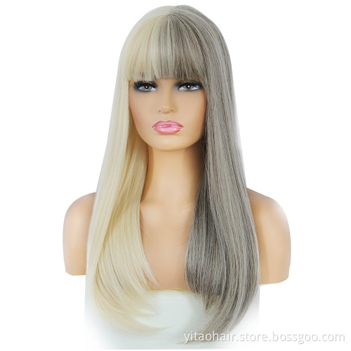 Wholesale Golden and Gray Wig With Bangs Long Straight Synthetic Women's Hair Two-Color Half-Gray Half-Gold Wig Cosplay Party
